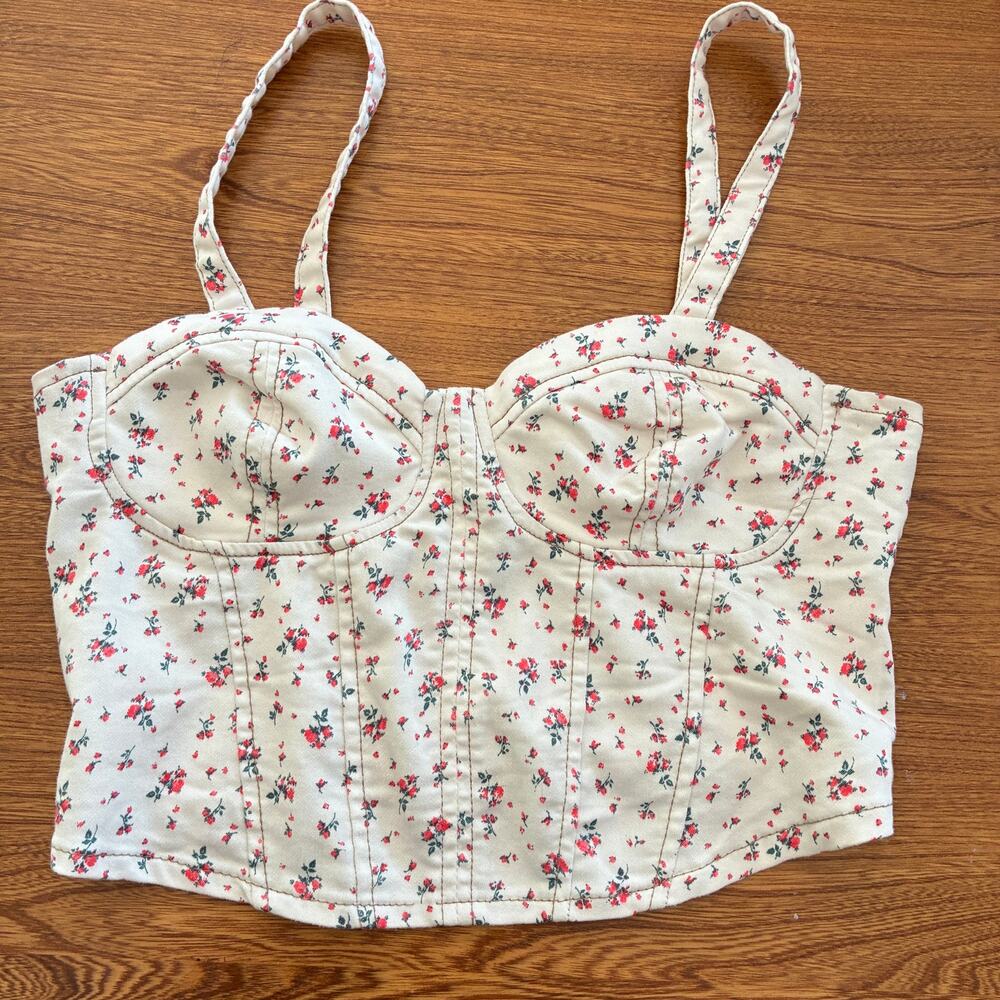 No Boundaries Cream Pink Ditsy Floral Corset Crop Top Juniors M Bustier Coquette